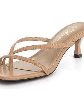 Athlefit Women's Camel Polyurethane Square Open Toe Kitten Heels Thong Sandals